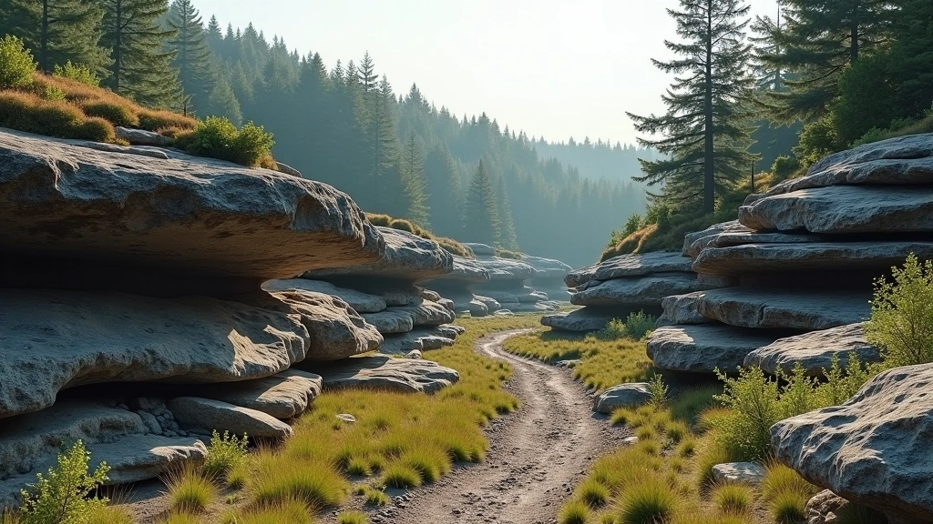Žemės sluoksniai ir geologinės formacijos gamtos aplinkoje su miško peizažu